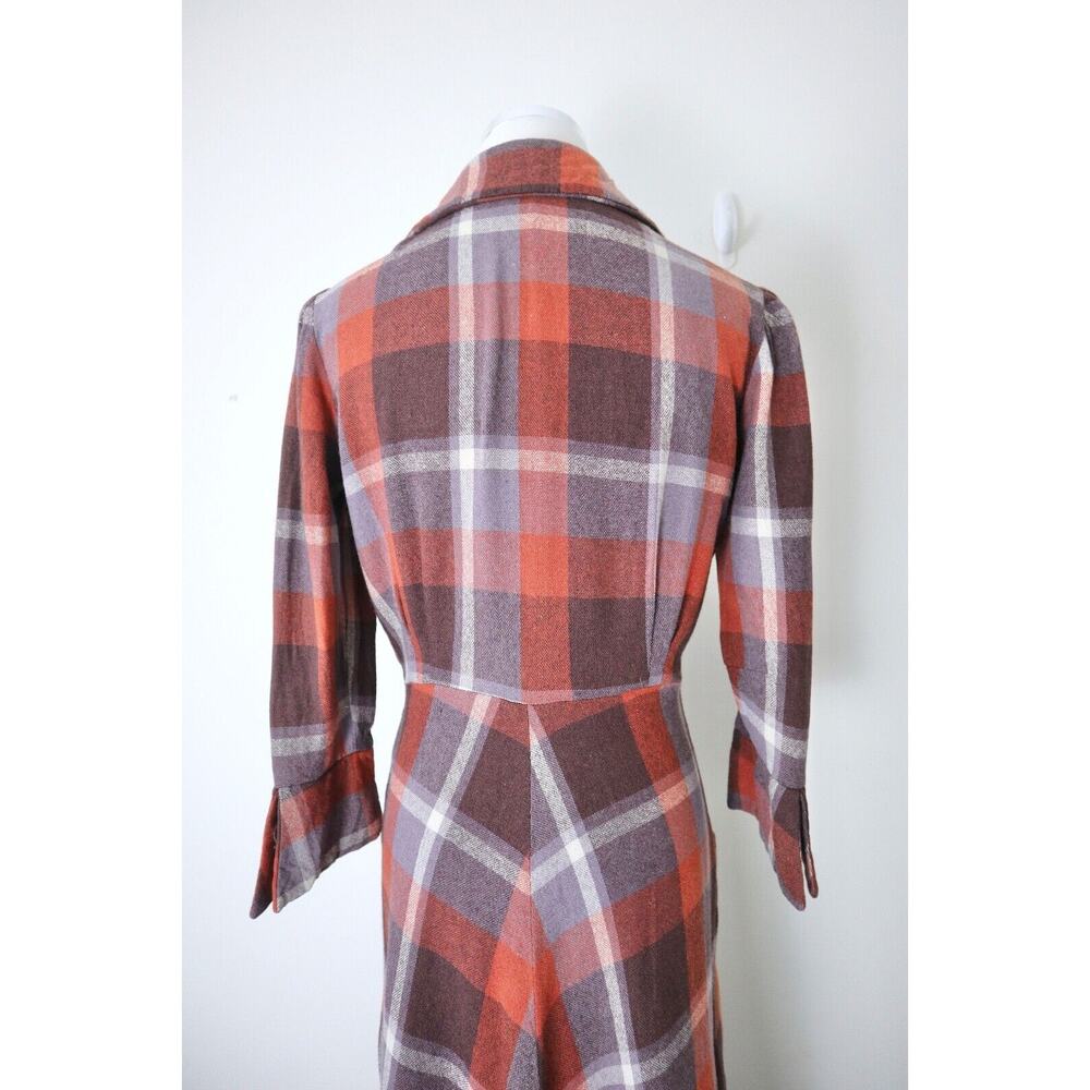 Vintage 1970s Wool Tartan Collared Dress Button Front Plaid Check Brown Orange - Picture 10 of 12
